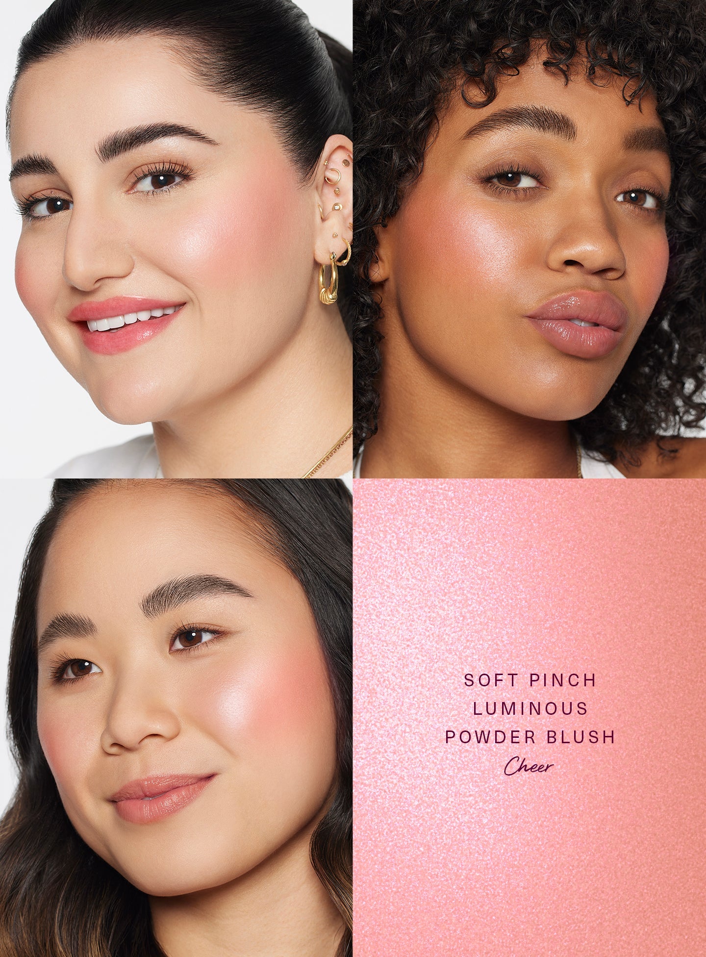 Cheer| Rare Beauty's Soft Pinch Luminous Powder Blush in the shade Cheer demonstrated on three models of differing skin tones. 