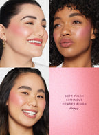 Happy| Rare Beauty's Soft Pinch Luminous Powder Blush in the shade Happy demonstrated on three models of differing skin tones. 