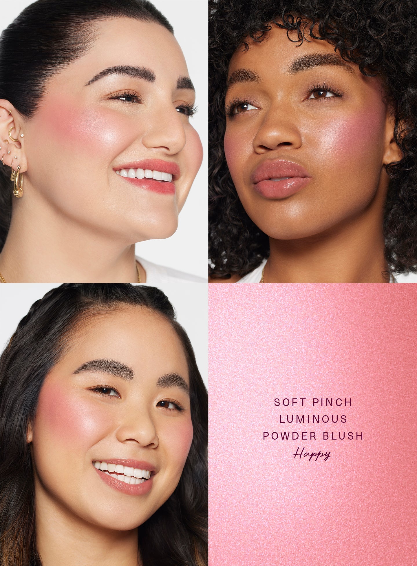 Happy| Rare Beauty's Soft Pinch Luminous Powder Blush in the shade Happy demonstrated on three models of differing skin tones. 