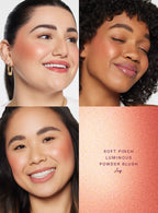 Joy| A model smiles and holds up Rare Beauty's Soft Pinch Luminous Powder Blush in the shade Joy while looking up and off to the right.