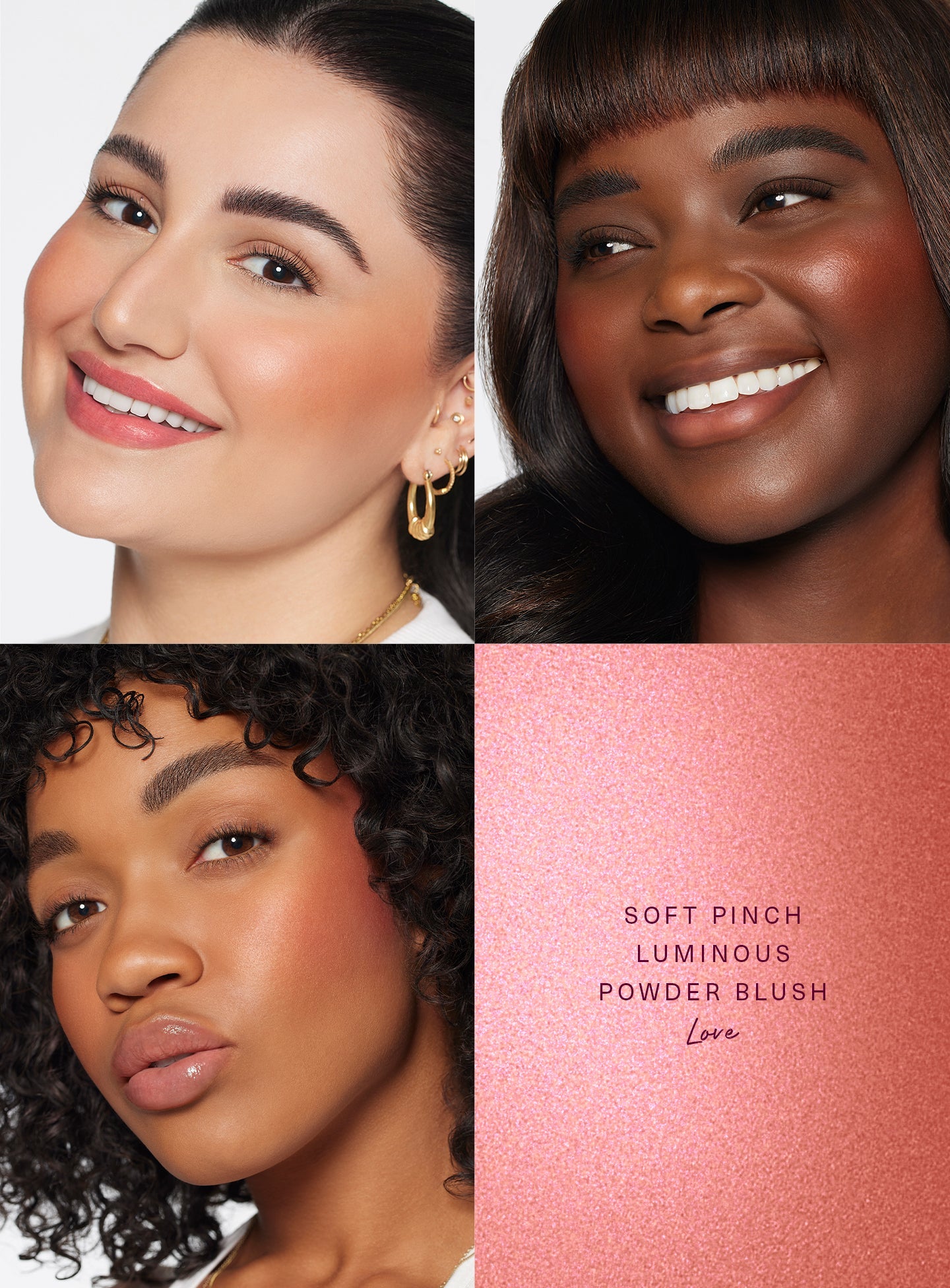Love| Rare Beauty's Soft Pinch Luminous Powder Blush in the shade Love demonstrated on three models of differing skin tones. 