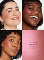 Truth| Rare Beauty's Soft Pinch Luminous Powder Blush in the shade Truth demonstrated on three models of differing skin tones. 