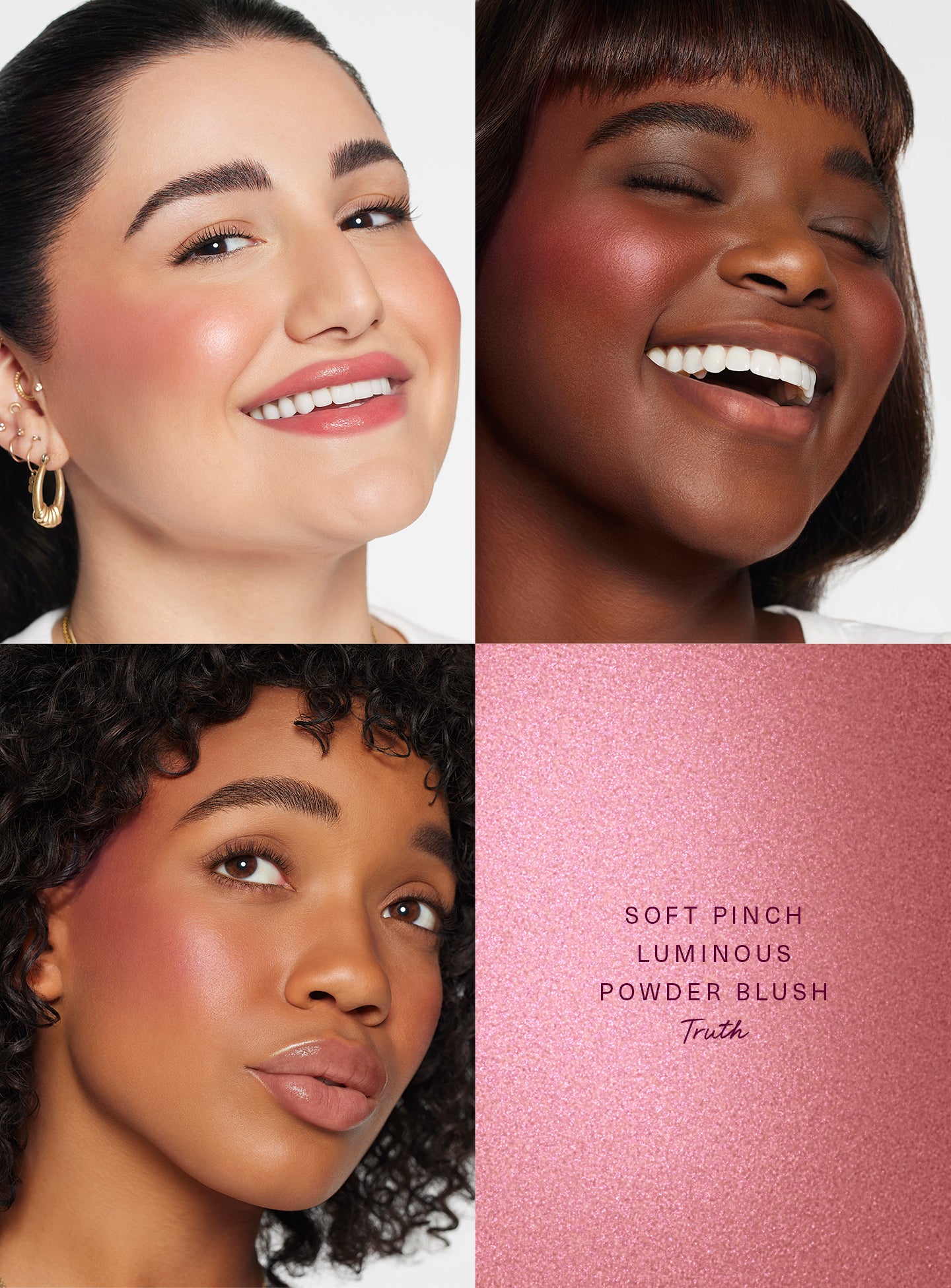 Truth| Rare Beauty's Soft Pinch Luminous Powder Blush in the shade Truth demonstrated on three models of differing skin tones. 
