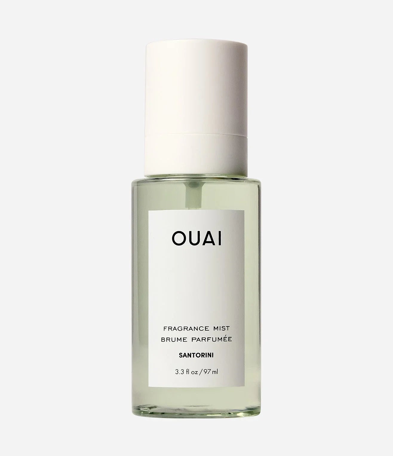 OUAI Santorini fragrance mist bottle on a white background