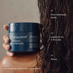 Living Proof moisture rescue mask jar held by a person with wet hair, instructions displayed on the right.