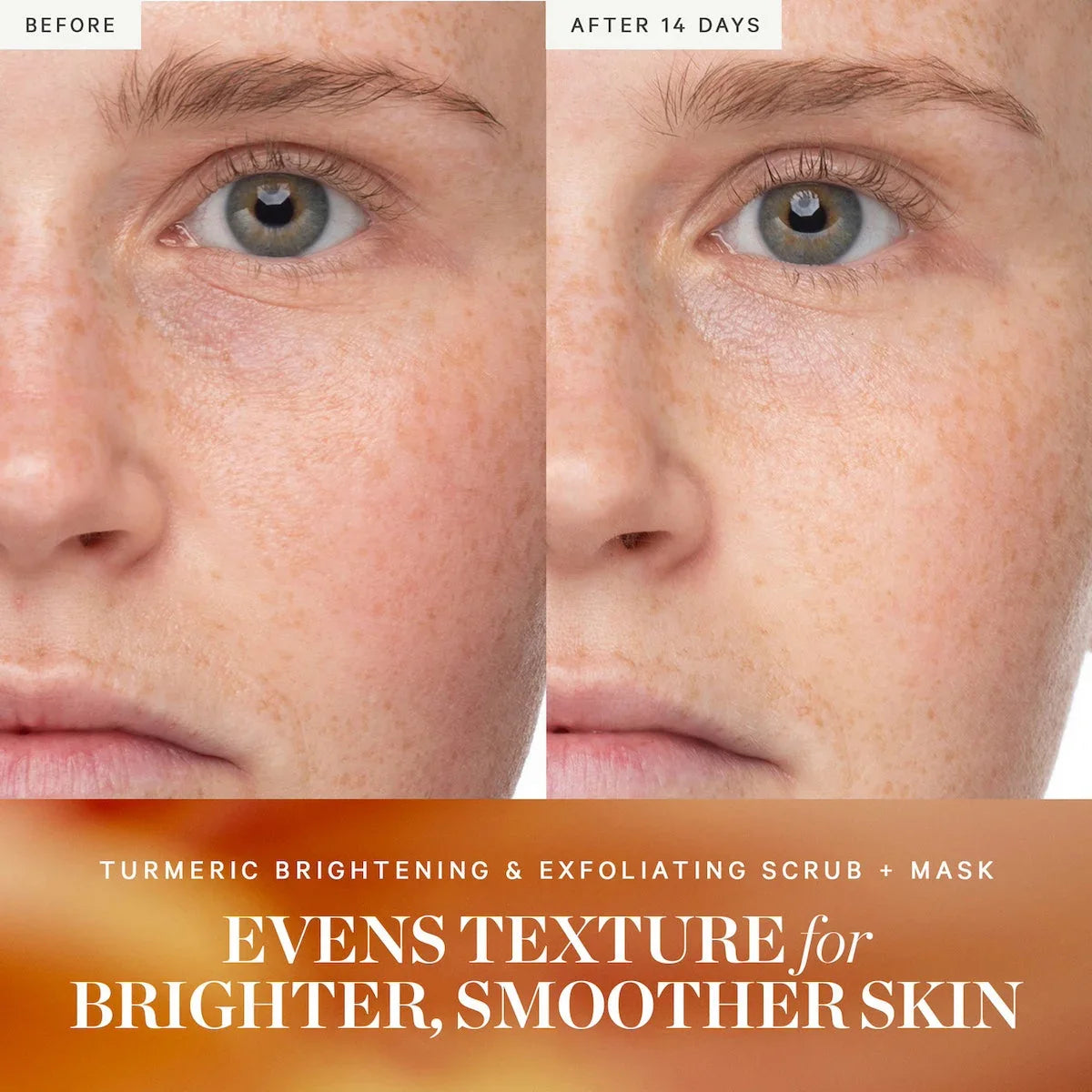 Before and after comparison of smooth, brightened skin with turmeric exfoliating scrub from Wylde Grey.