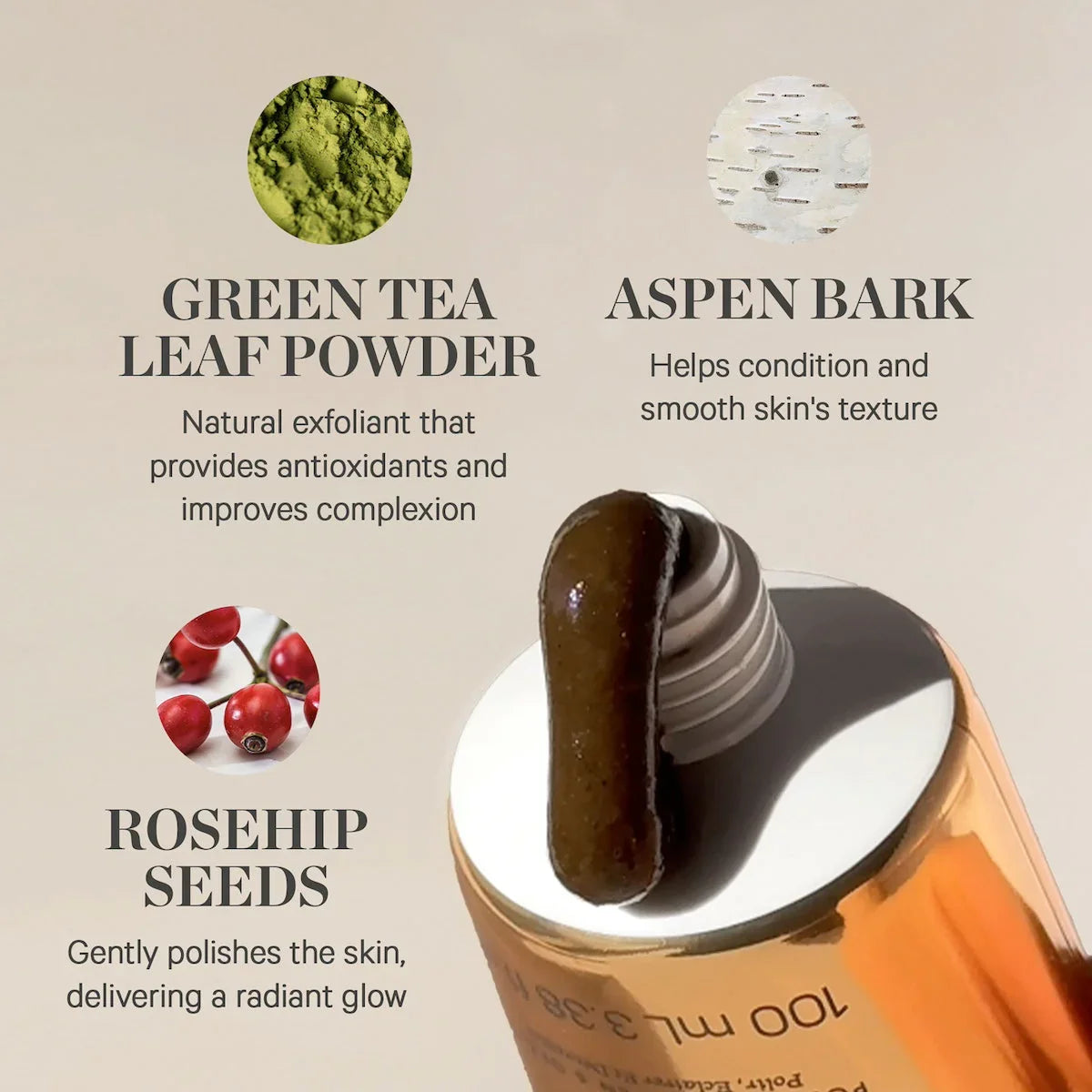 Luxurious Wylde Grey skincare tube with creamy texture, featuring green tea leaf powder, aspen bark, and rosehip seeds ingredients.