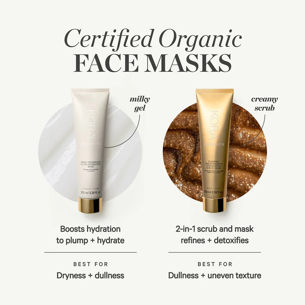 KORA Organics certified organic face masks, featuring a milky gel and creamy scrub texture, ideal for dry or dull skin, luxury skincare at Wylde Grey.