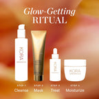 KORA Organics glow-getting skincare ritual with gold and white bottles on a warm, luxurious background.