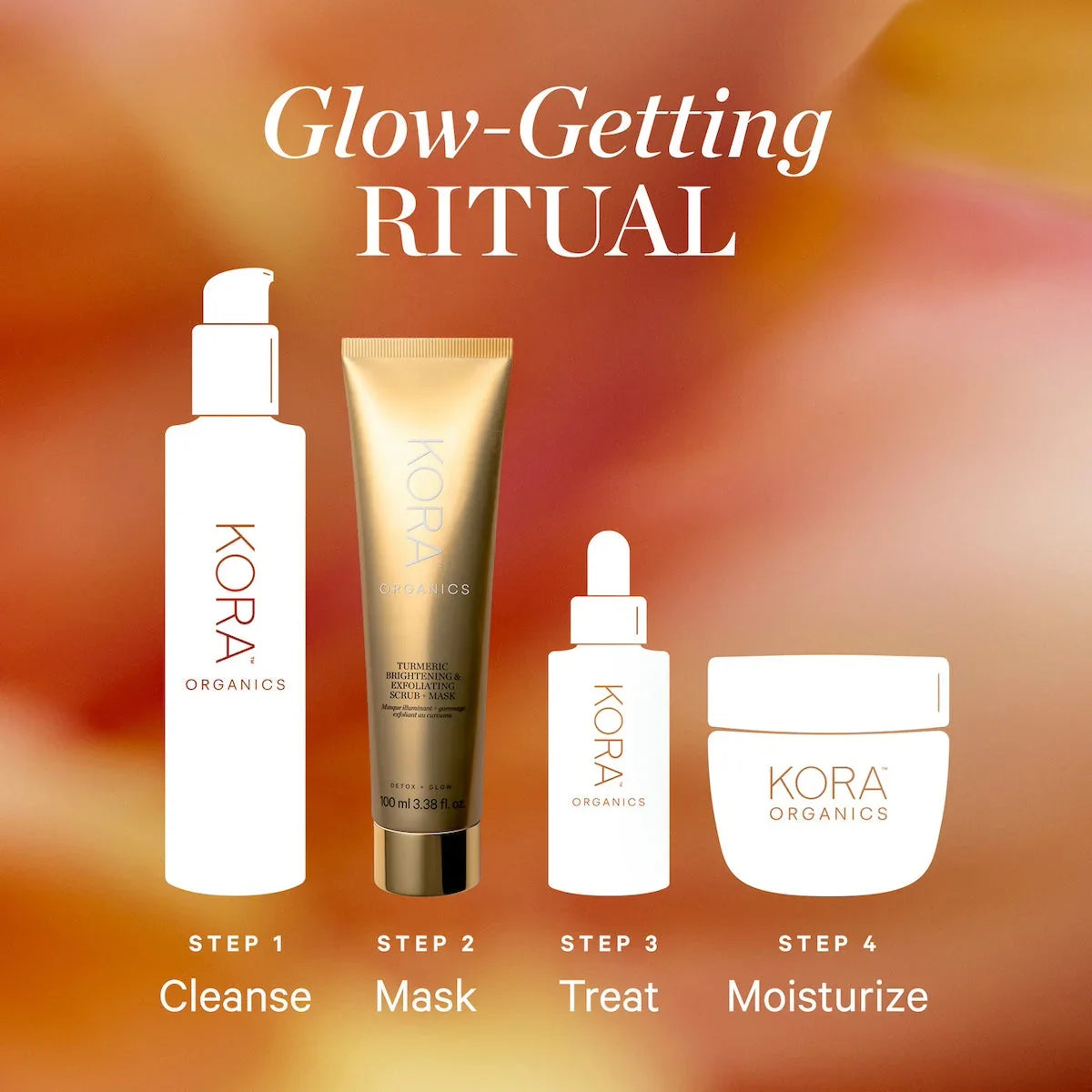 KORA Organics glow-getting skincare ritual with gold and white bottles on a warm, luxurious background.