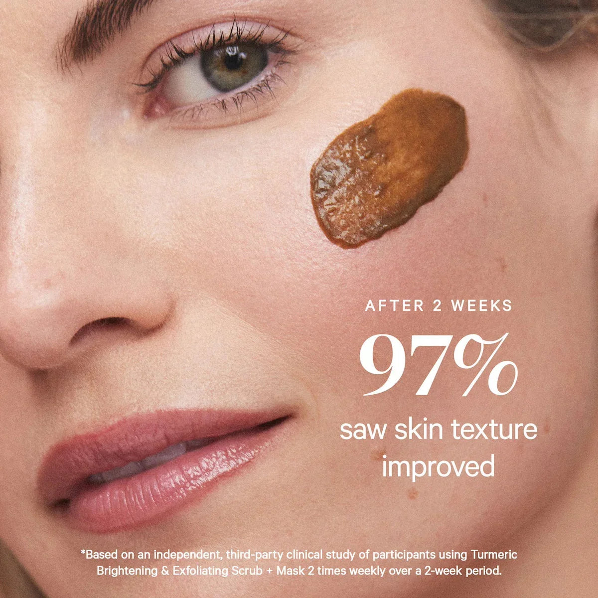 Close-up of woman with smooth skin, golden-brown skincare mask applied to cheek, Wylde Grey beauty