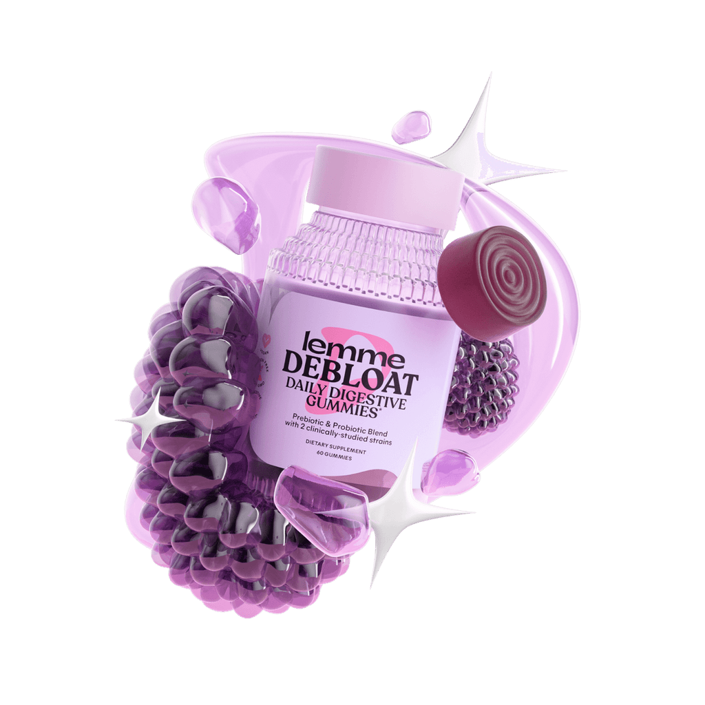 Lemme debloat packaging surrounded by fruit renderings, a purple gummy, and the lemme debloat shape