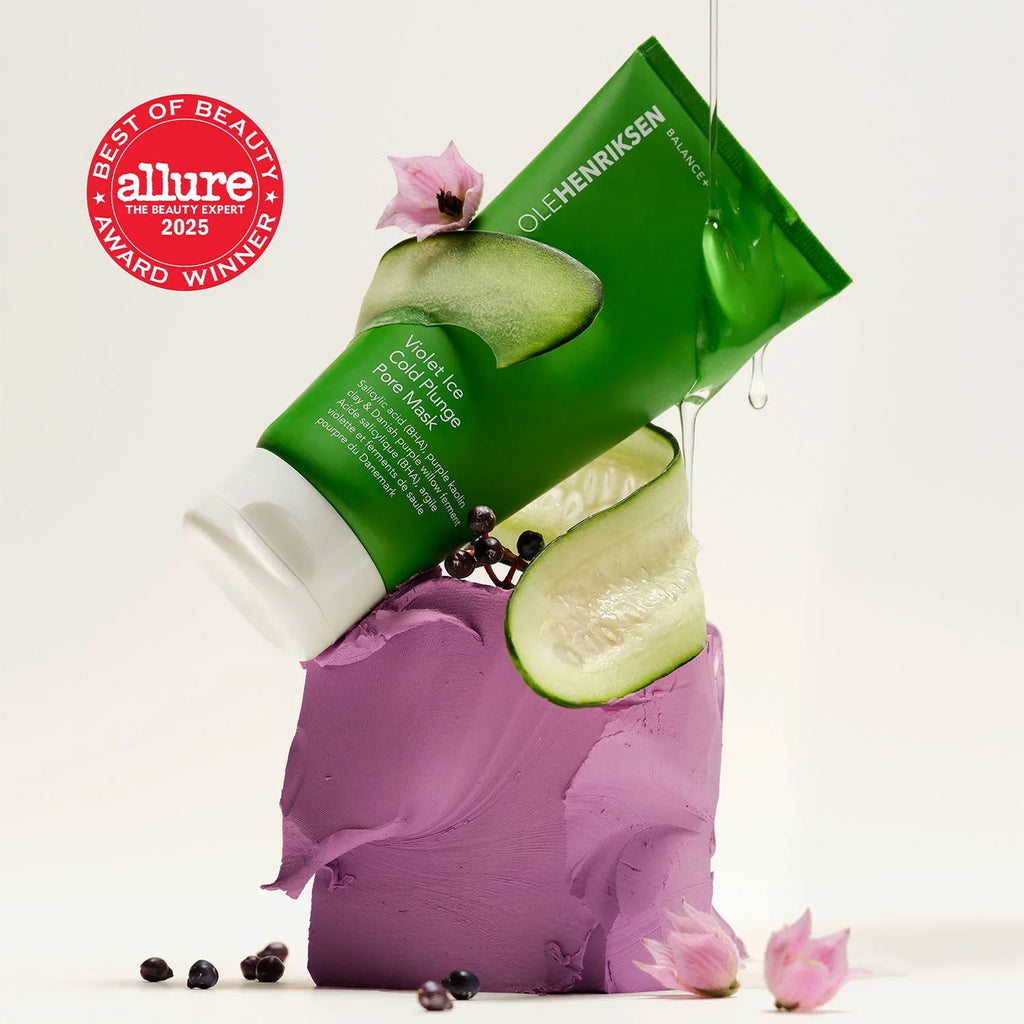 Ole Henriksen Violet C old plunge pore mask on creamy purple texture with cucumber and award badge