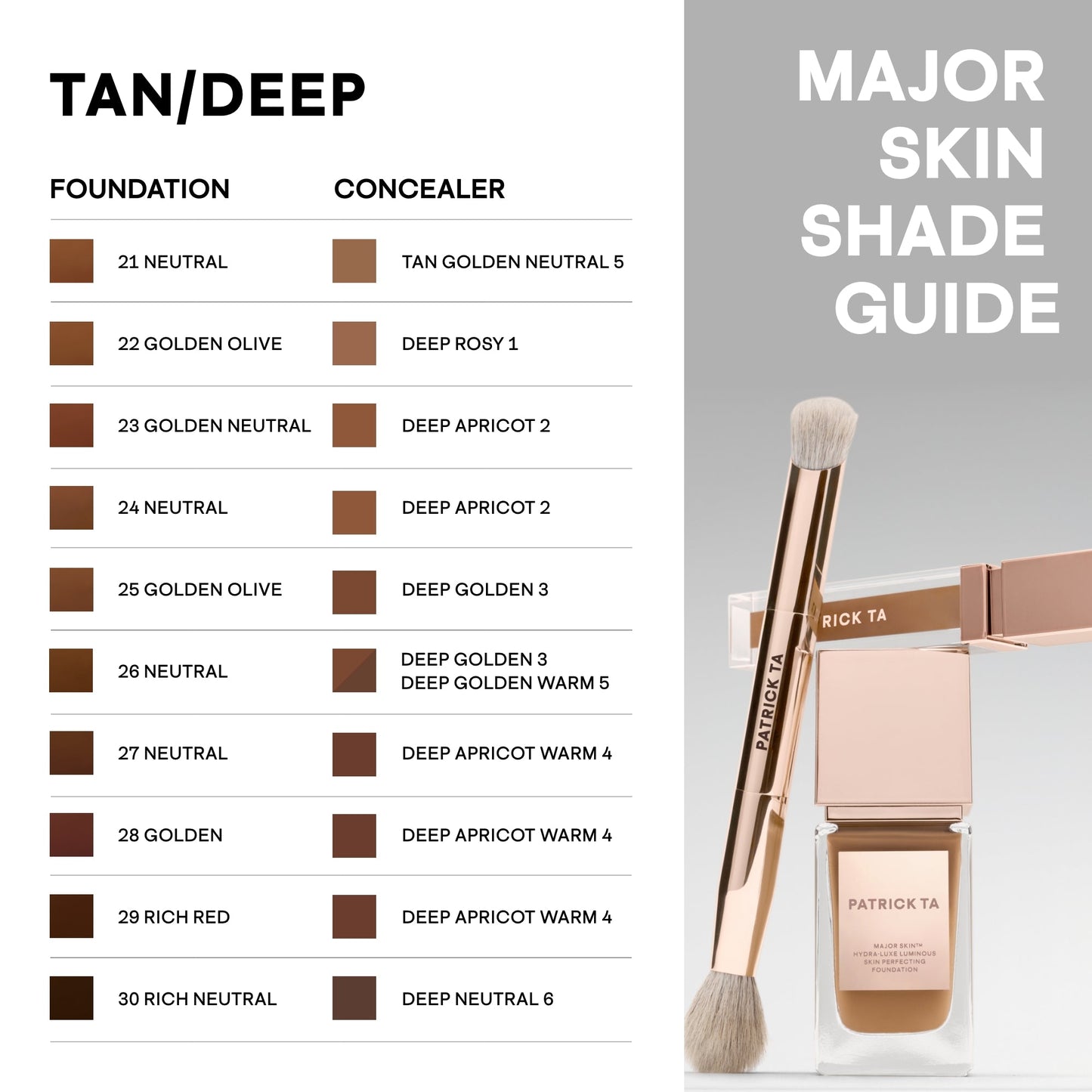 Luxurious tan and deep concealer and foundation shade chart with creamy, rich textures.