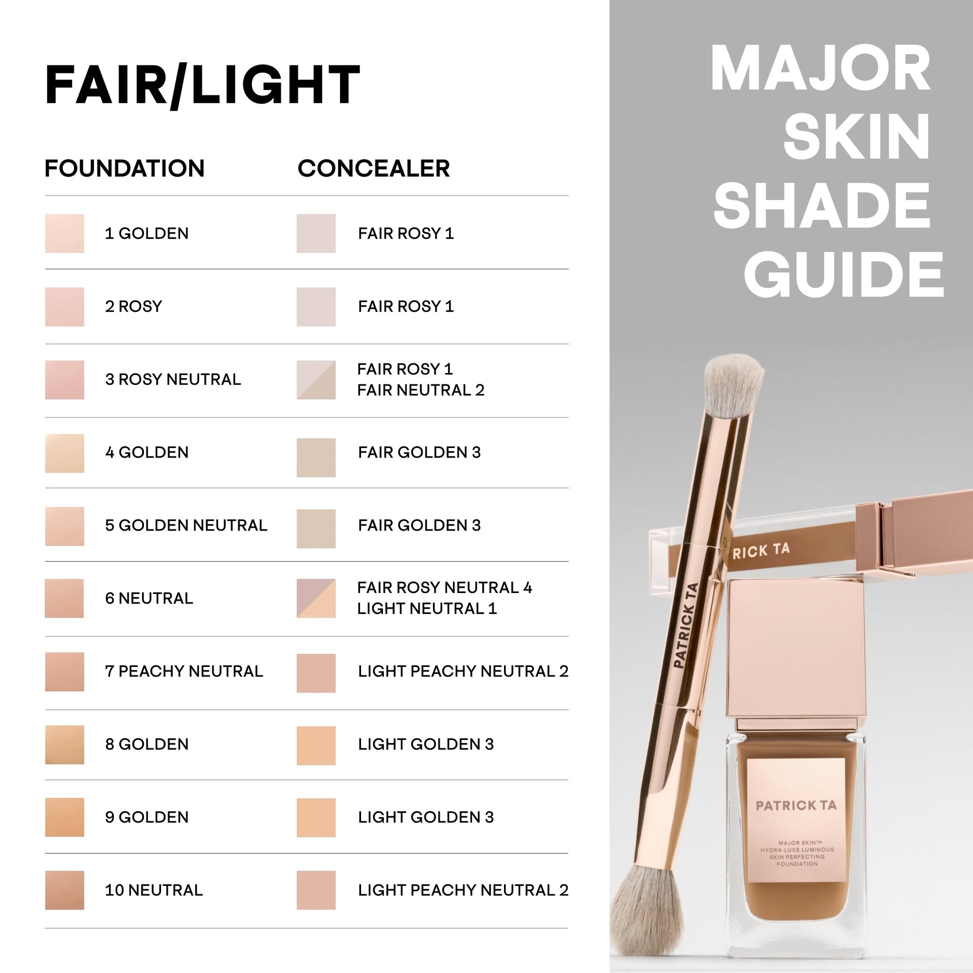 Luxurious foundation and concealer shade match chart for fair to light skin tones, featuring creamy, dewy finish swatches and elegant packaging.