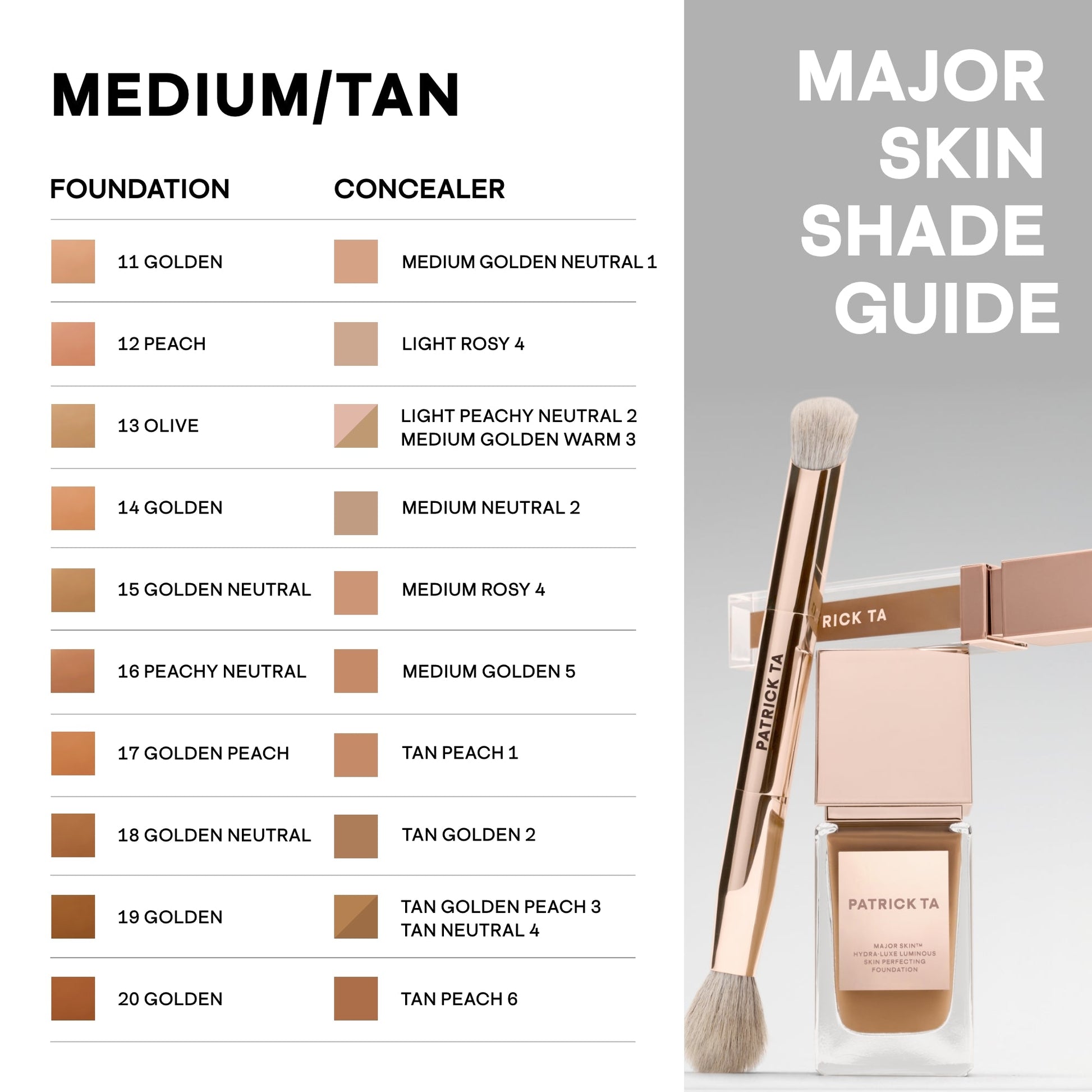 Medium and tan concealer and foundation shade chart with creamy textures, featuring swatches and a luxe brush on a neutral background.