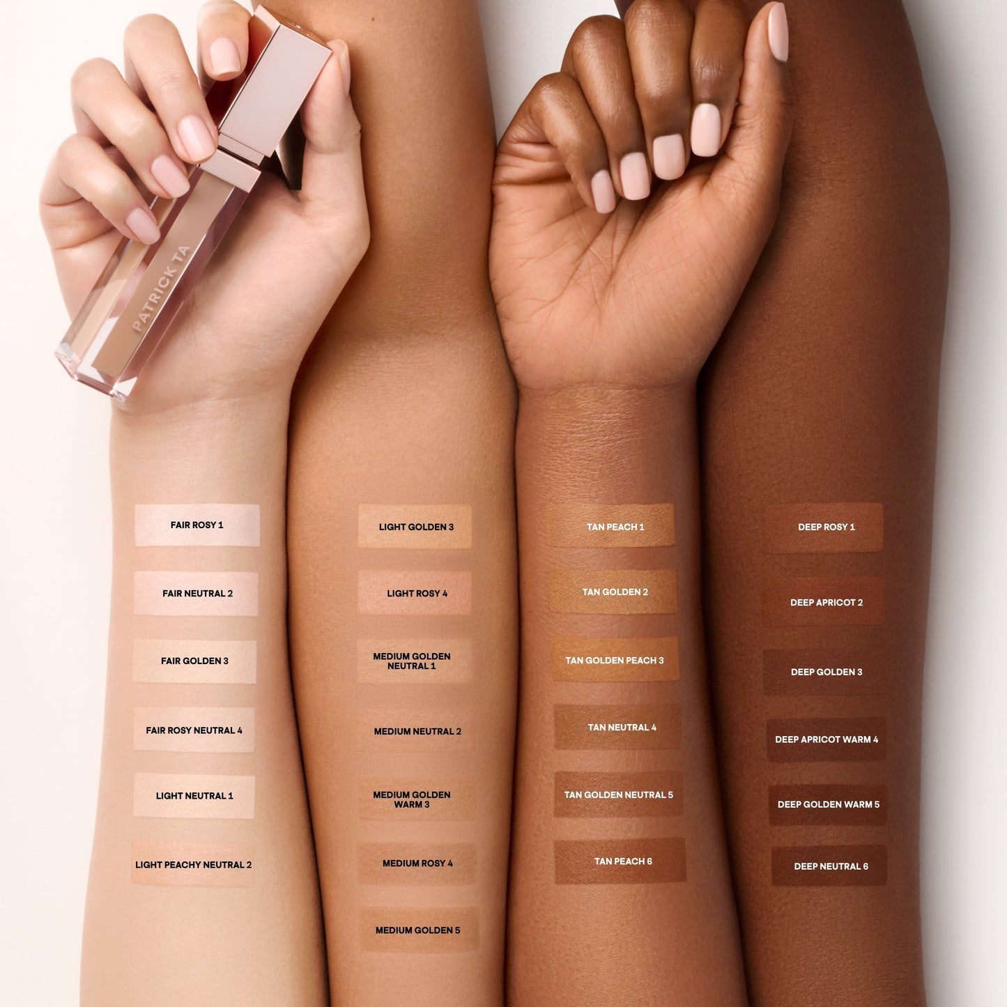 Luxurious concealer arm swatches displaying diverse creamy shades and smooth textures.