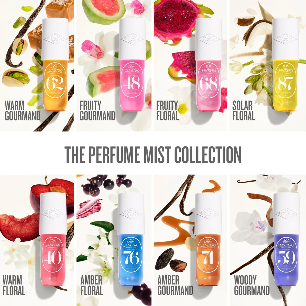 the perfume mist collection - warm gourmand, fruity gourmand, fruity floral, solar floral, warm floral, amber floral, amber gourmand, woody gourmand