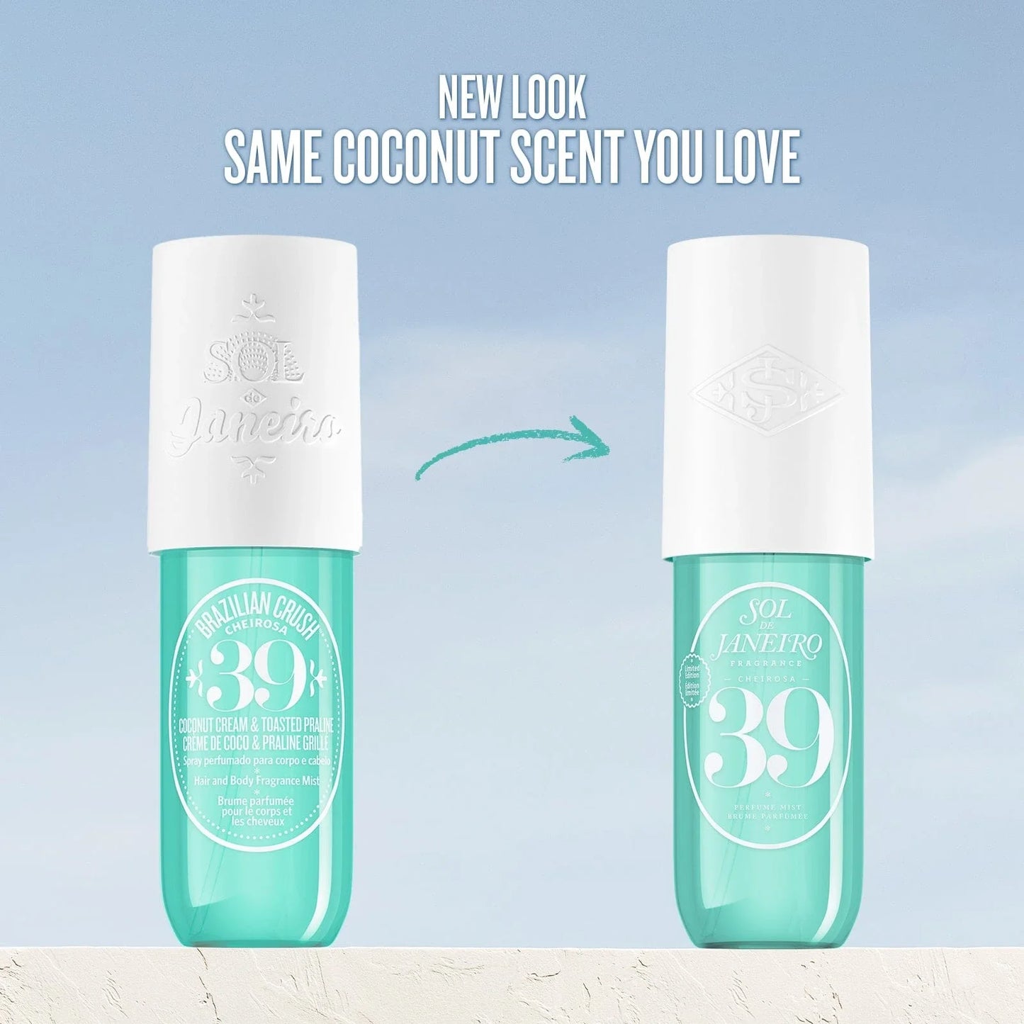 Image on text reads "new look same coconut scent you love" this is showcasing the old packaging cheriosa 39 perfume mist to our new updated render