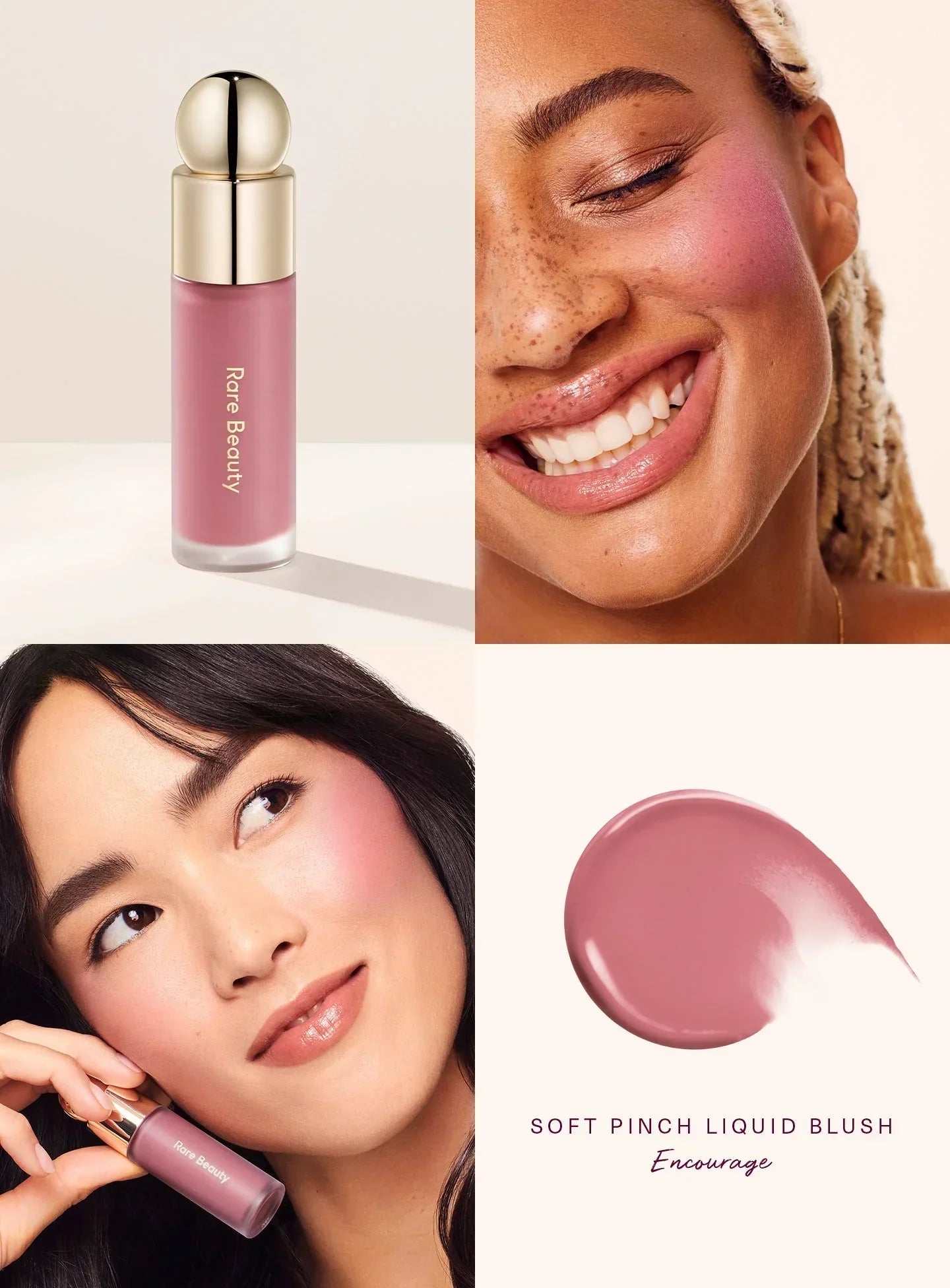 Encourage| Rare Beauty's Soft Pinch Liquid Blush in the shade "Encourage" applied on models of differing skin tones.