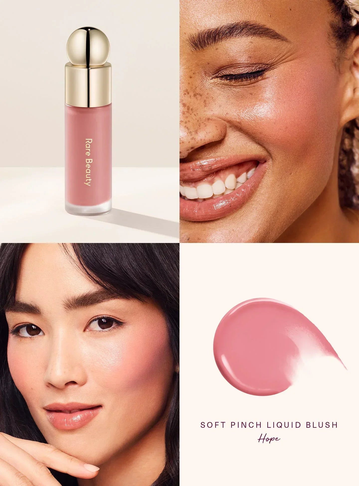 Hope| Rare Beauty's Soft Pinch Liquid Blush in the shade "Hope" applied on models of differing skin tones.