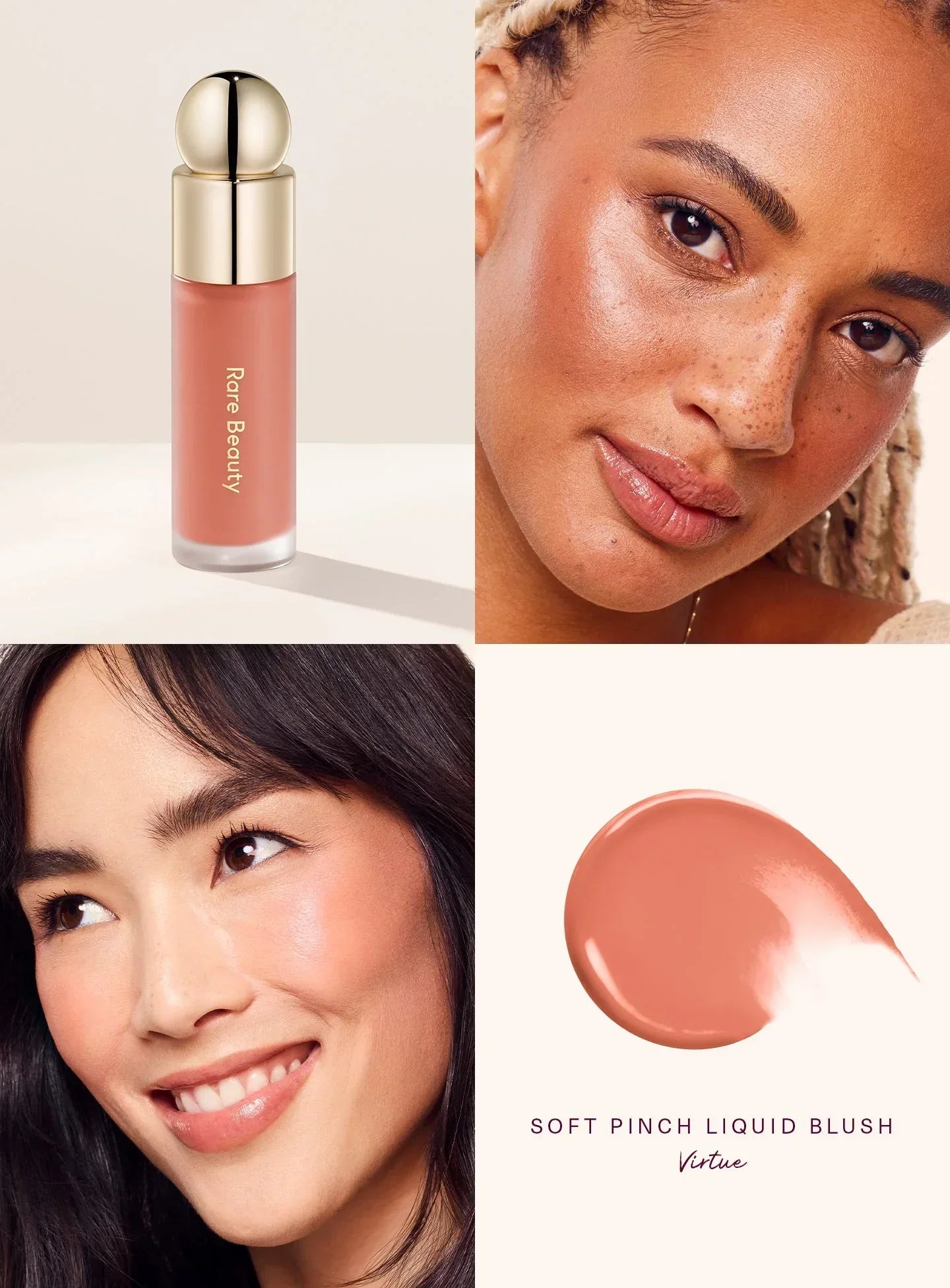 Virtue| A model wearing Rare Beauty's Soft Pinch Liquid Blush in the dewy beige peach shade "Virtue."