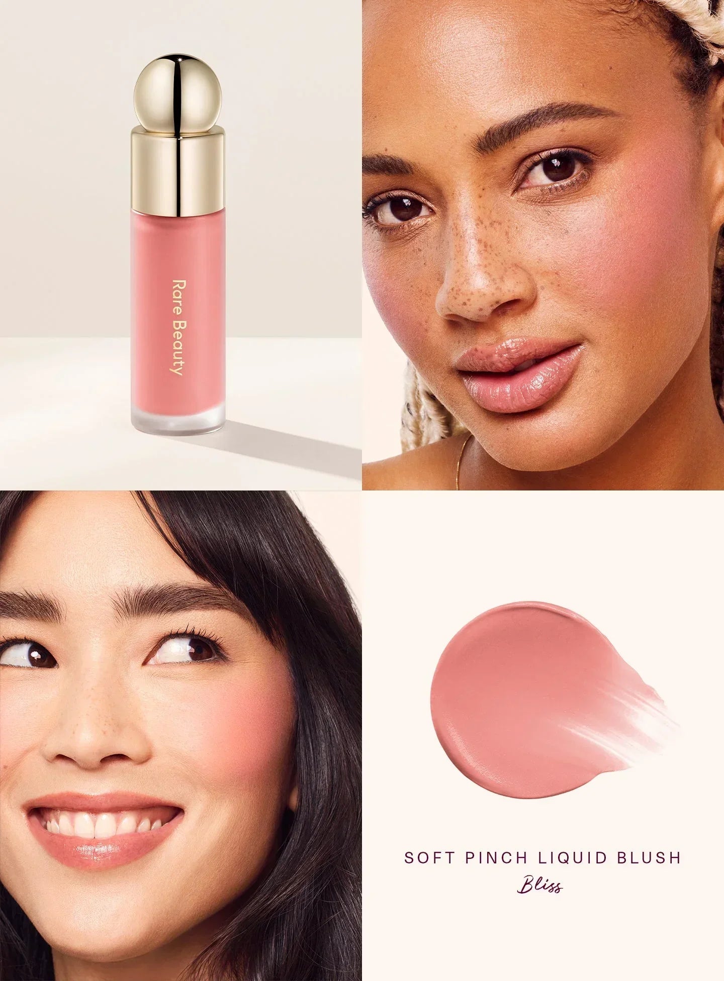 Bliss| Rare Beauty's Soft Pinch Liquid Blush in the shade "Bliss" applied on models of differing skin tones.