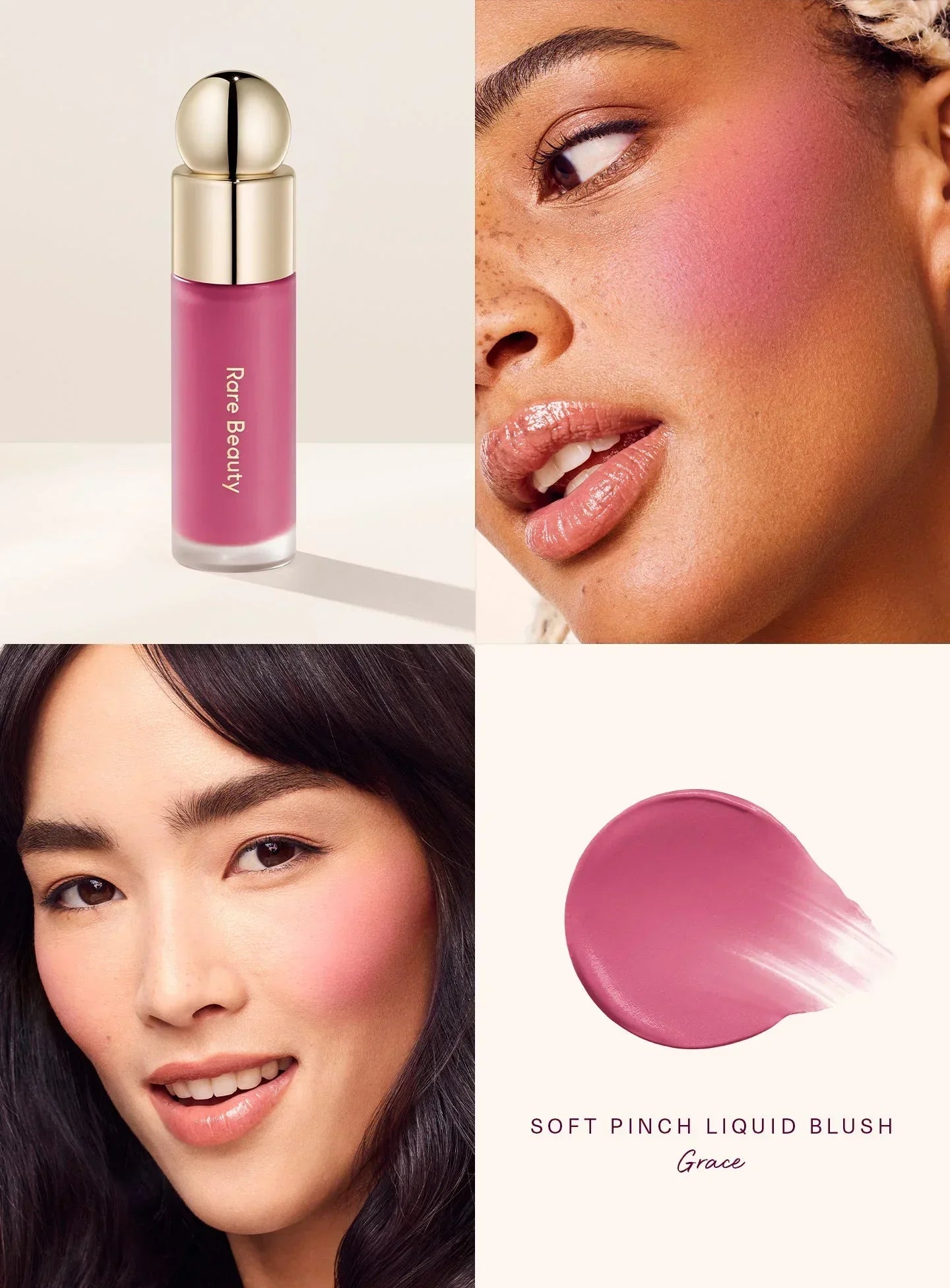 Grace| Rare Beauty's Soft Pinch Liquid Blush in the shade "Grace" applied on models of differing skin tones.