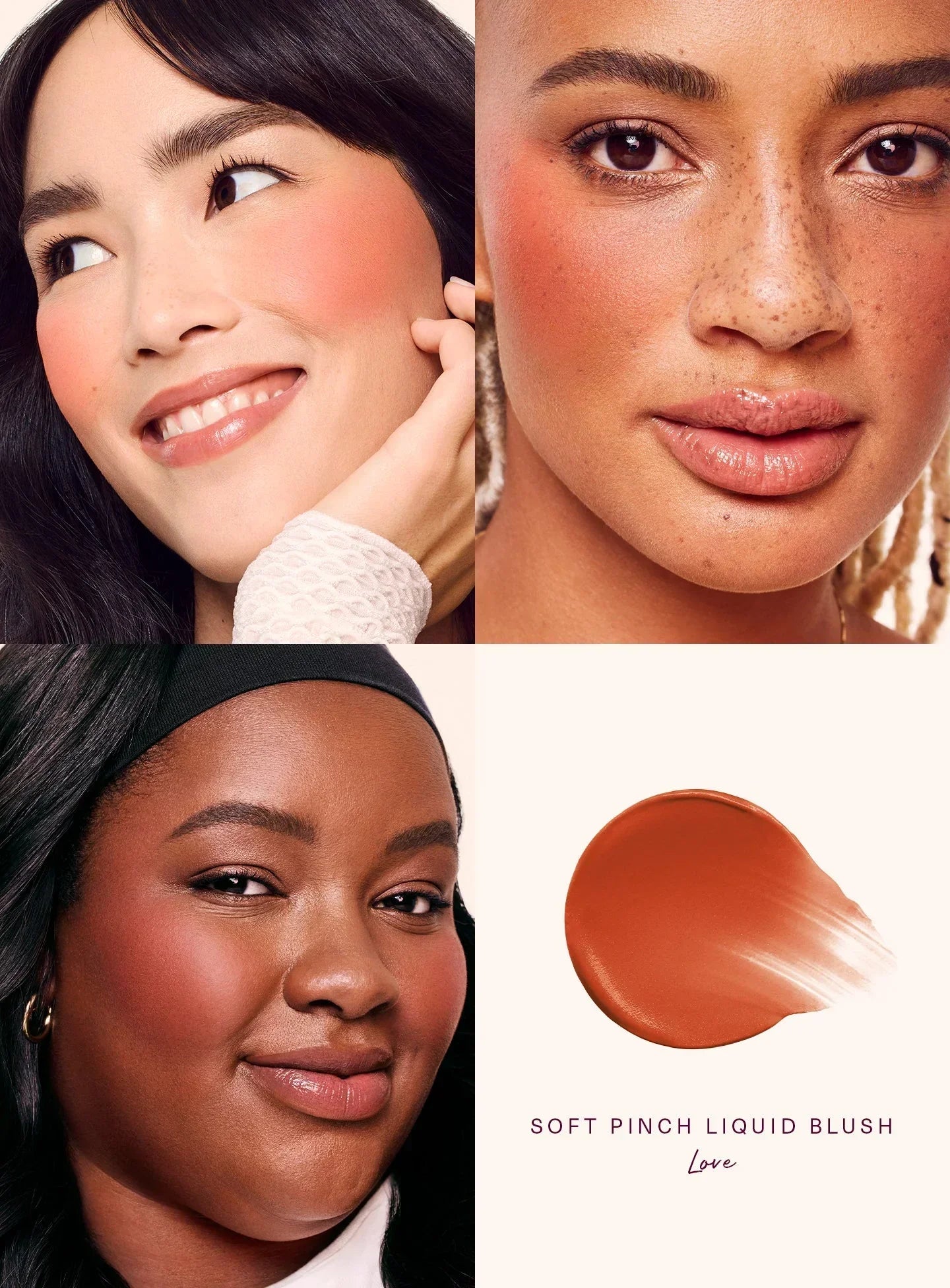 Love| Rare Beauty's Soft Pinch Liquid Blush in the shade "Love" applied on models of differing skin tones.