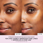 Before and after close-up of glowing, smooth skin using peptide moisturizer, reduced fine lines.
