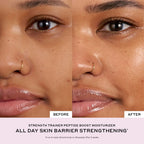 Close-up before and after of glowing, hydrated skin using Wylde Grey moisturizer, showing improved texture and radiant finish.