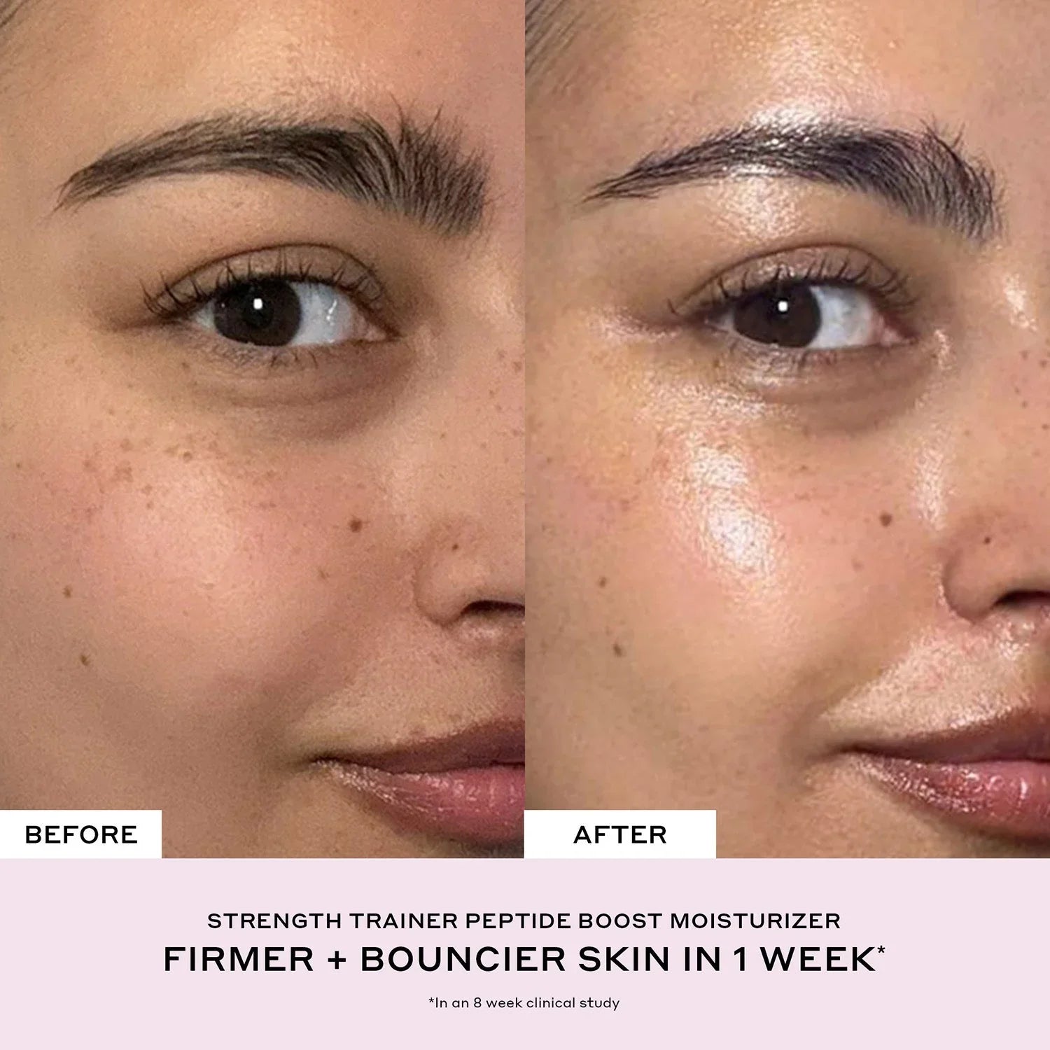 Before and after close-up showing firmer, dewy skin with Strength Trainer moisturizer.