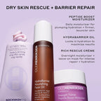 Ole Henriksen Strength collection including HydraBarrier Nourishing Face Oil, Peptide Boost Moisturizer, and Rich Rescue Crème with luxurious creamy and nourishing textures on a soft lavender background.