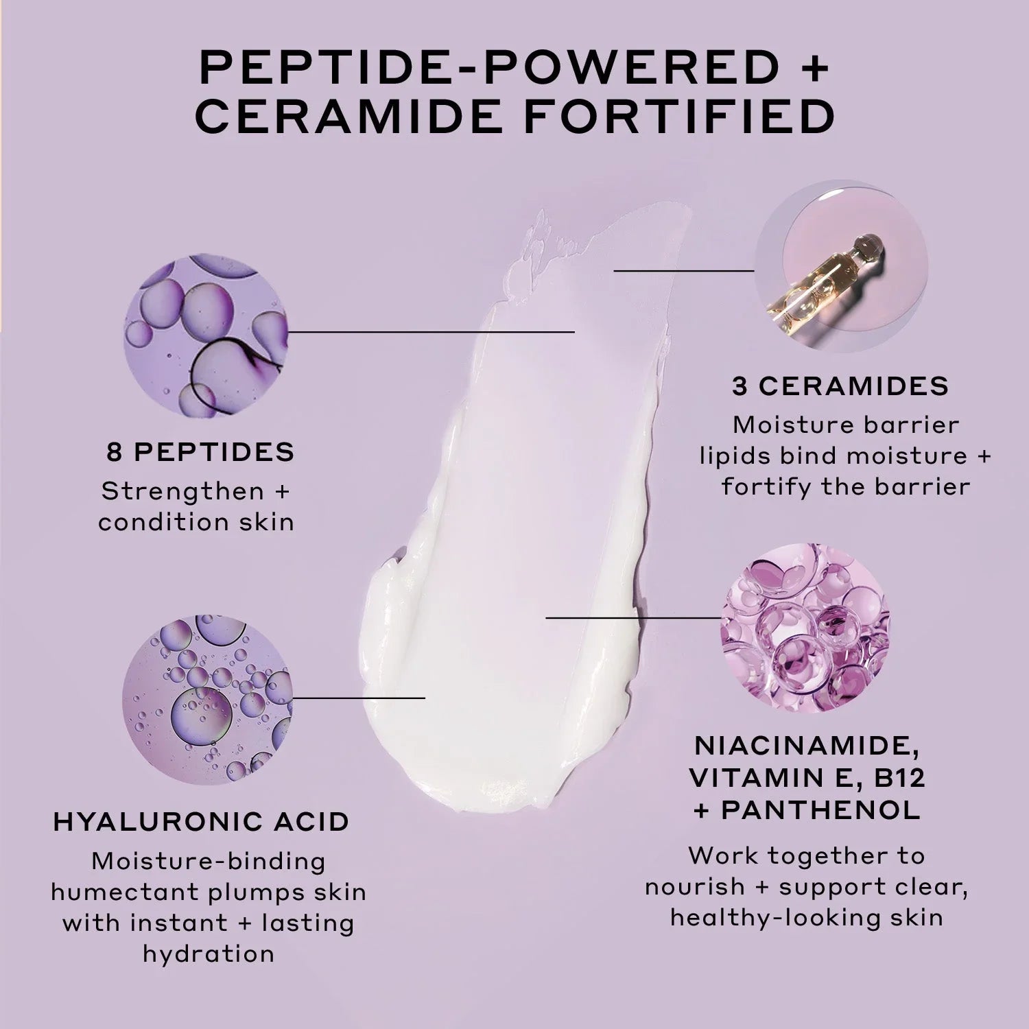 Luxurious skincare cream with creamy texture, highlighted key ingredients: peptides, ceramides, hyaluronic acid on a soft lavender background for Wylde Grey beauty.