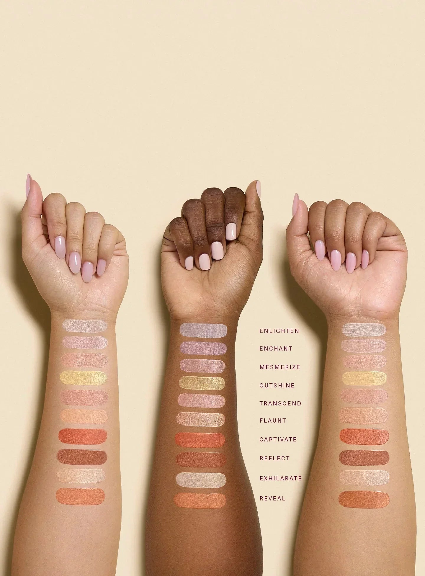 All shades of Rare Beauty's Positive Light Liquid Luminizer applied on three arms of different skintones.