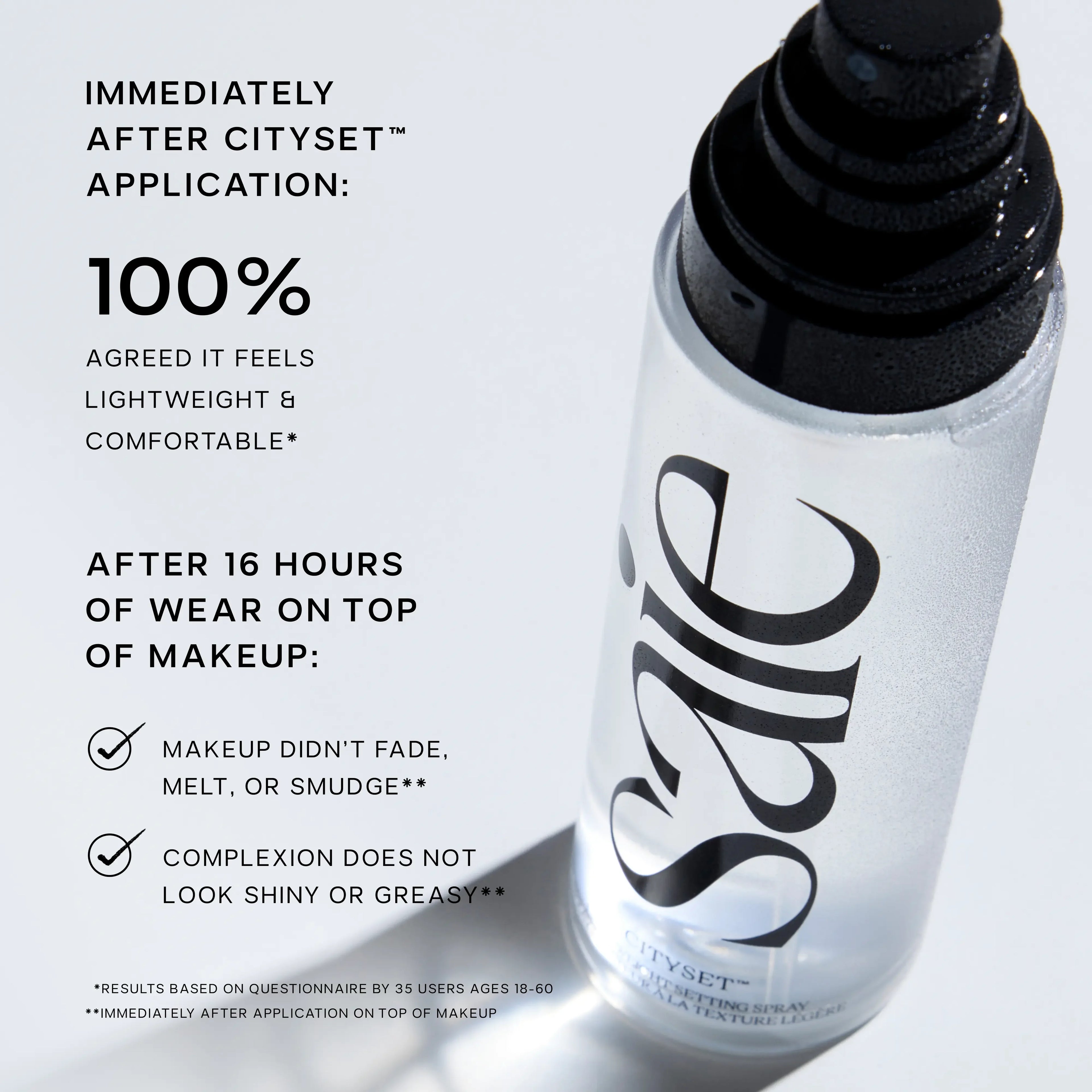 Luxurious Saie CitySet spray bottle with sleek black cap, promoting lightweight, comfortable makeup setting.