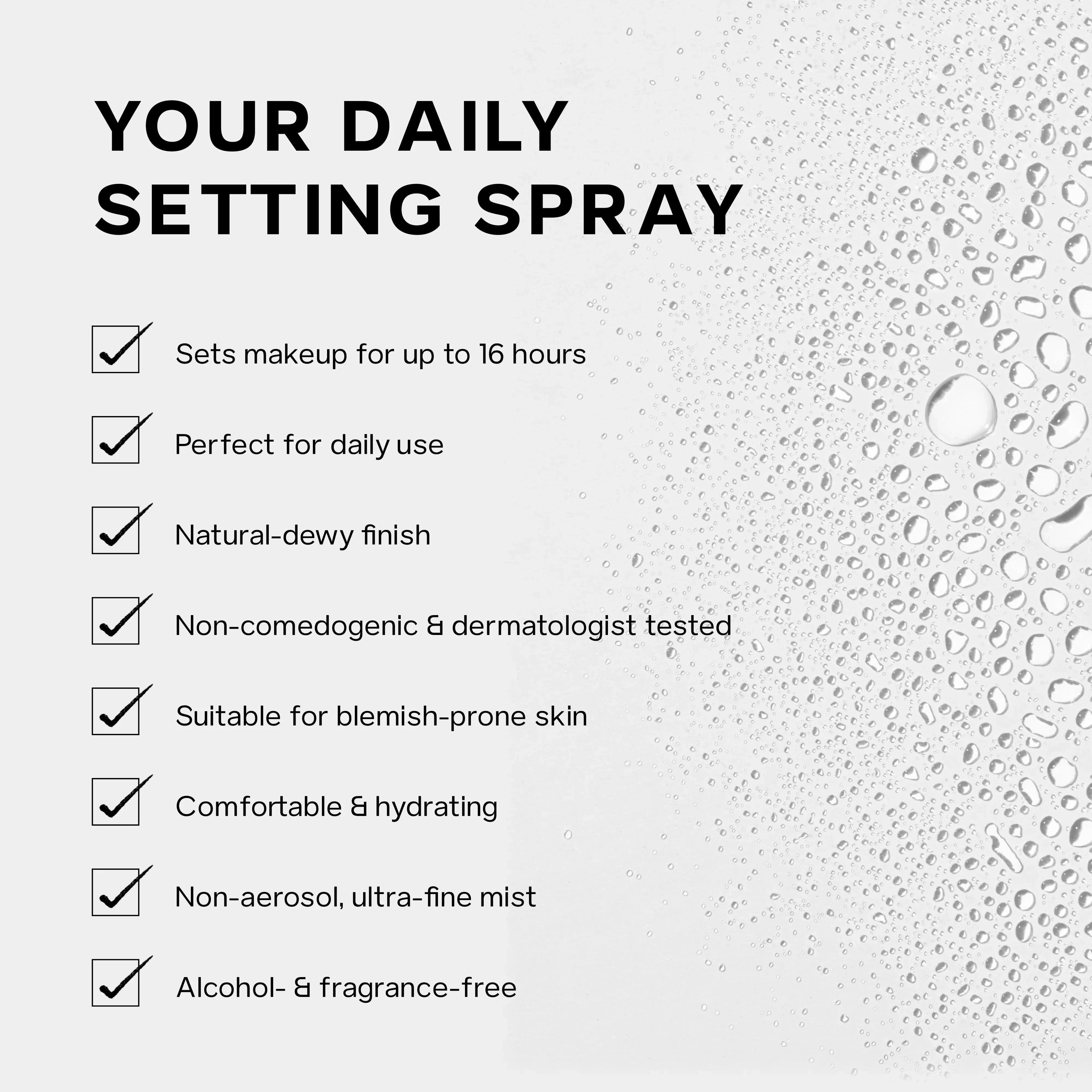Saie setting spray product feature list with dewy water droplets on a luxe grey background