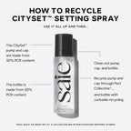 Saie CitySet Setting Spray with sleek black cap and frosted bottle, eco-friendly recycling guide