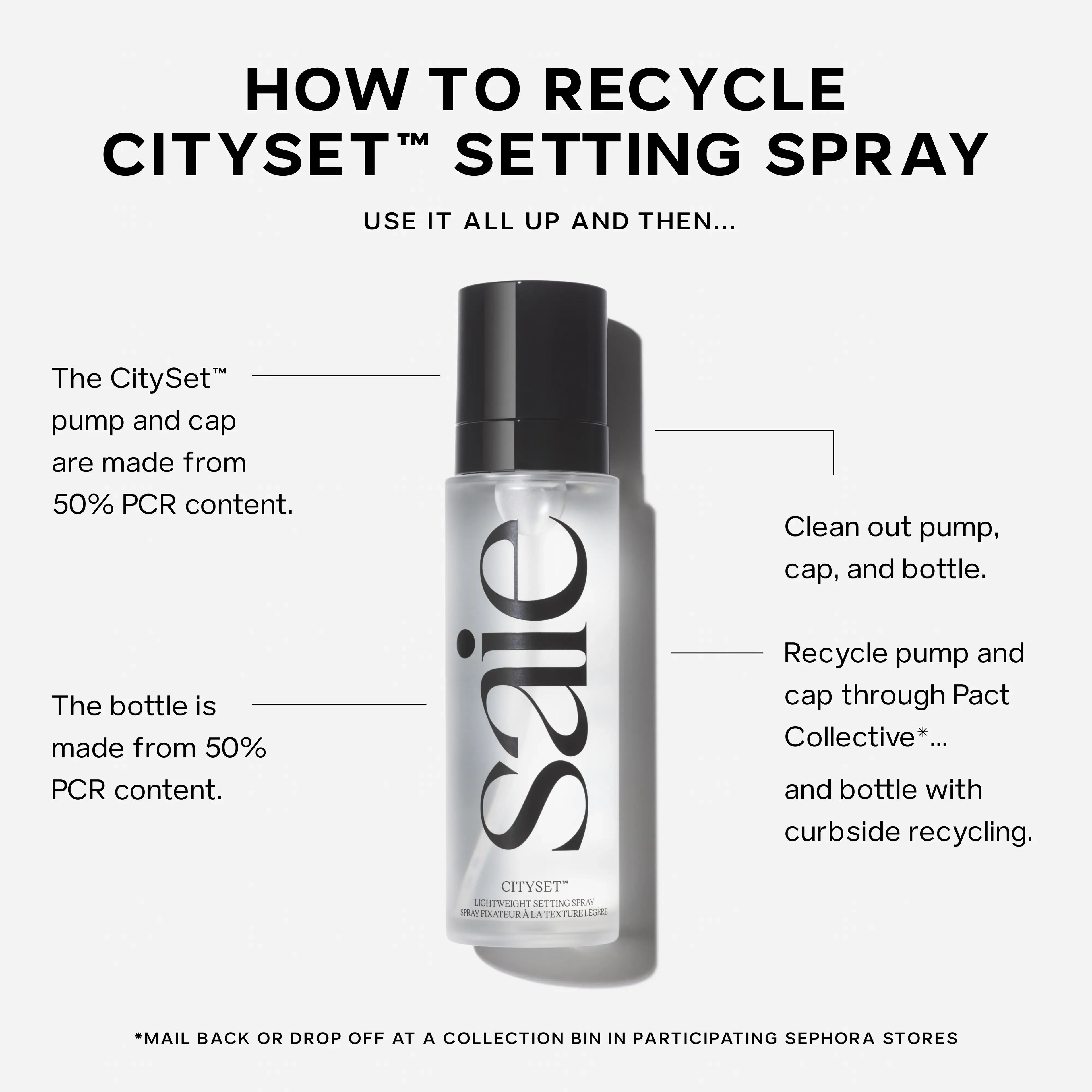 Saie CitySet Setting Spray with sleek black cap and frosted bottle, eco-friendly recycling guide