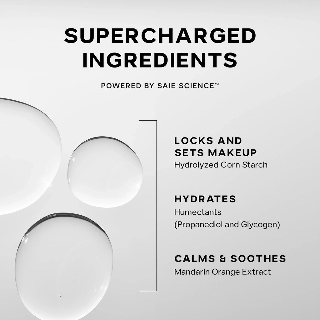 Saie City Set supercharged skincare ingredients graphic with clear dewy drops on white background