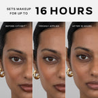 Saie CitySet wear test showing a woman's makeup before, after application, and after 16 hours, with a dewy, flawless finish and radiant skin.