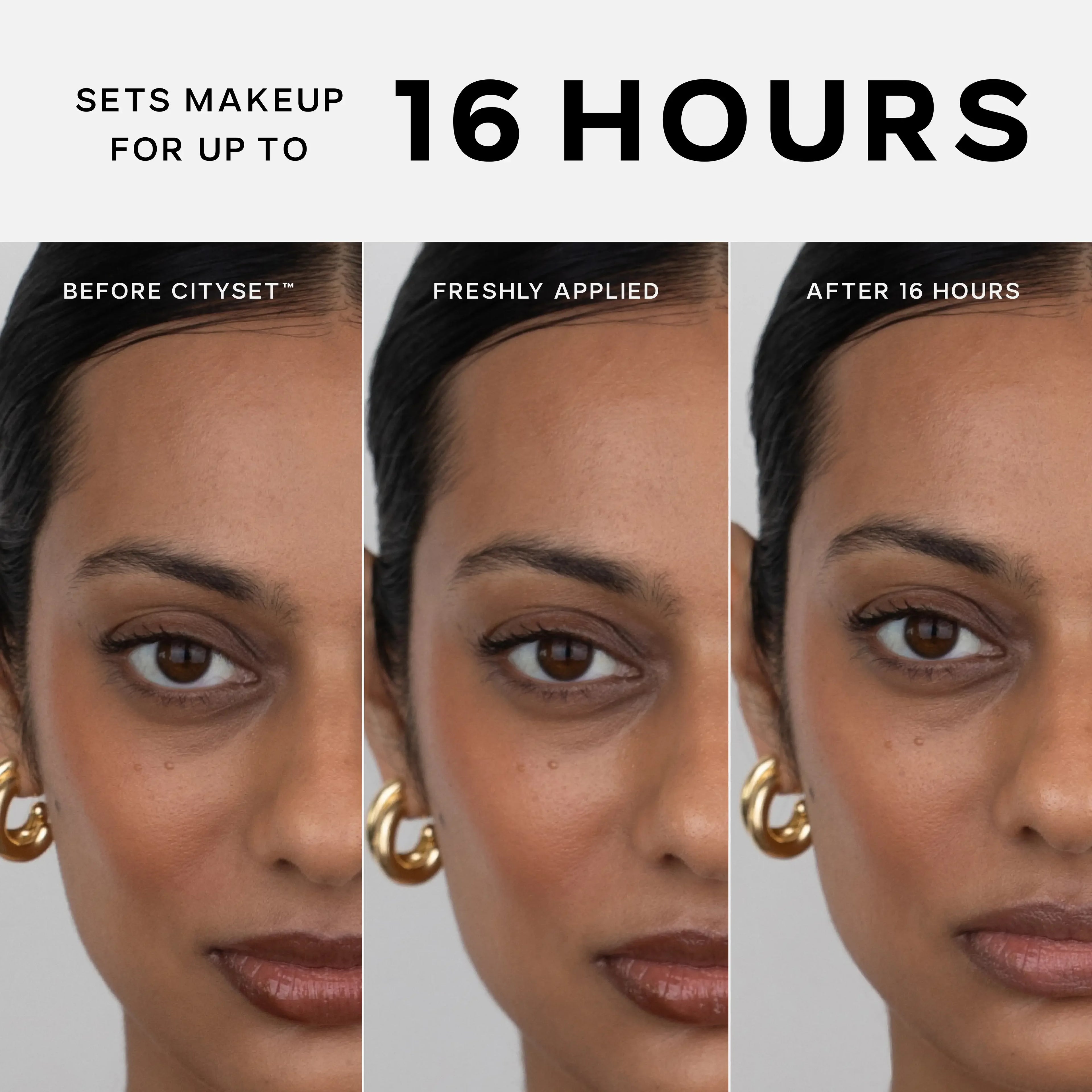 Saie CitySet wear test showing a woman's makeup before, after application, and after 16 hours, with a dewy, flawless finish and radiant skin.