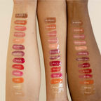 All shades of the Tower 28 Beauty ShineOn Lip Jelly swatched out on three different skin tones. [Shared]