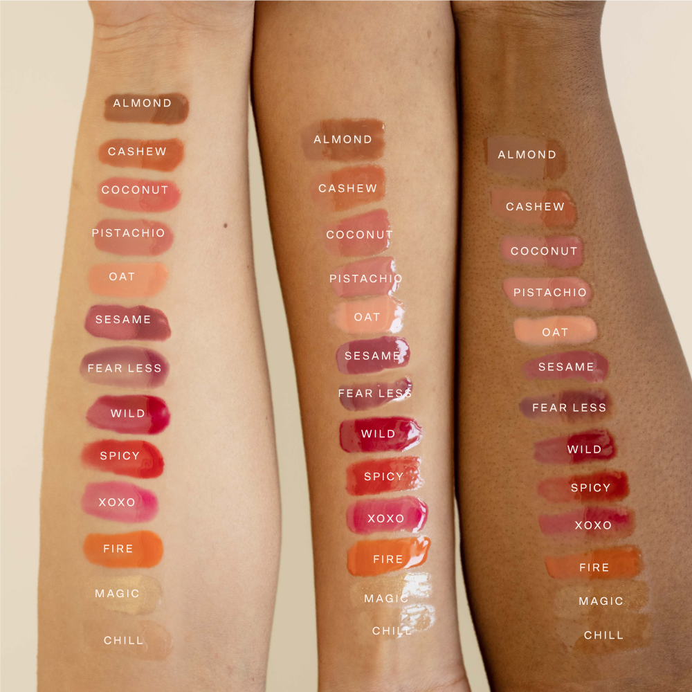All shades of the Tower 28 Beauty ShineOn Lip Jelly swatched out on three different skin tones. [Shared]