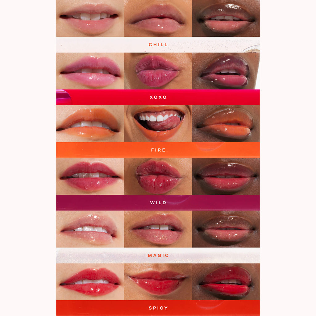 All shades of the Tower 28 Beauty ShineOn Lip Jelly applied on three different skin tones. [Shared]