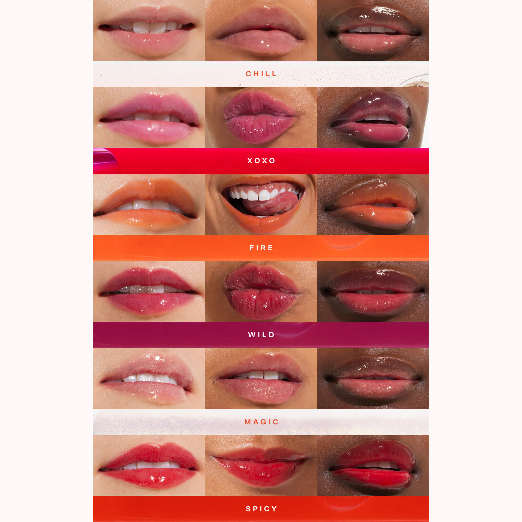 All shades of the Tower 28 Beauty ShineOn Lip Jelly applied on three different skin tones. [Shared]