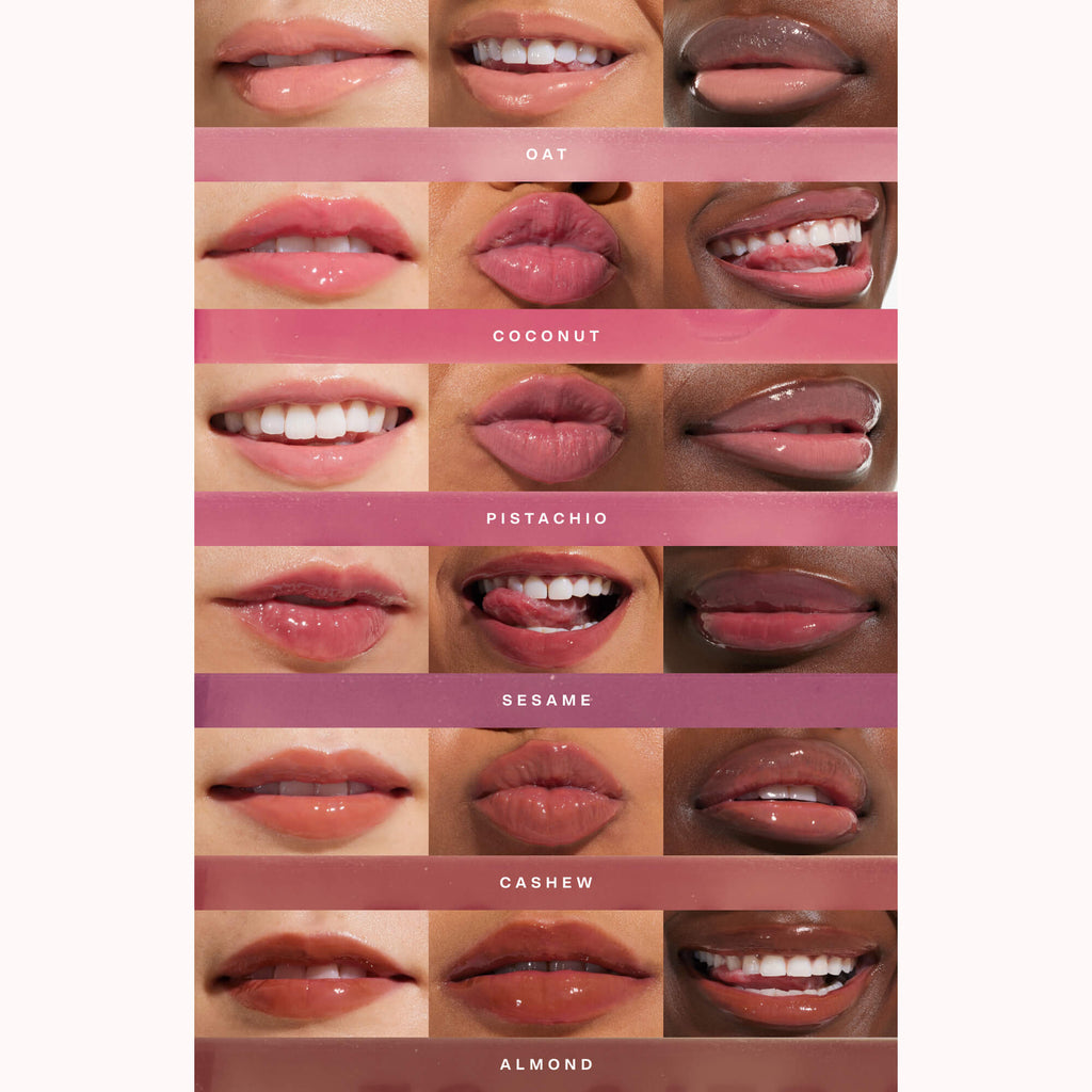 All shades of the Tower 28 Beauty ShineOn Milky Lip Jelly applied on three different skin tones. [Shared]