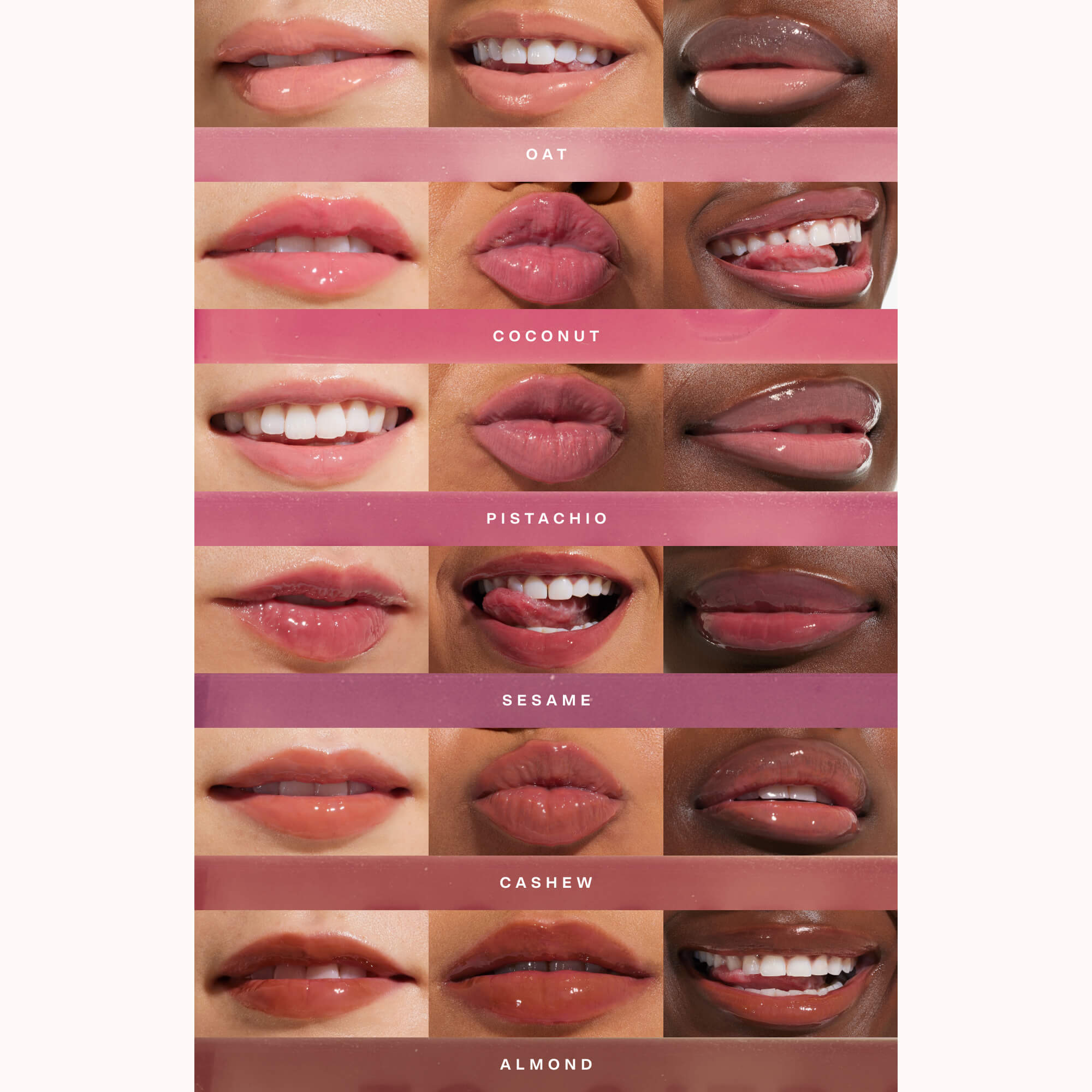All shades of the Tower 28 Beauty ShineOn Milky Lip Jelly applied on three different skin tones. [Shared]