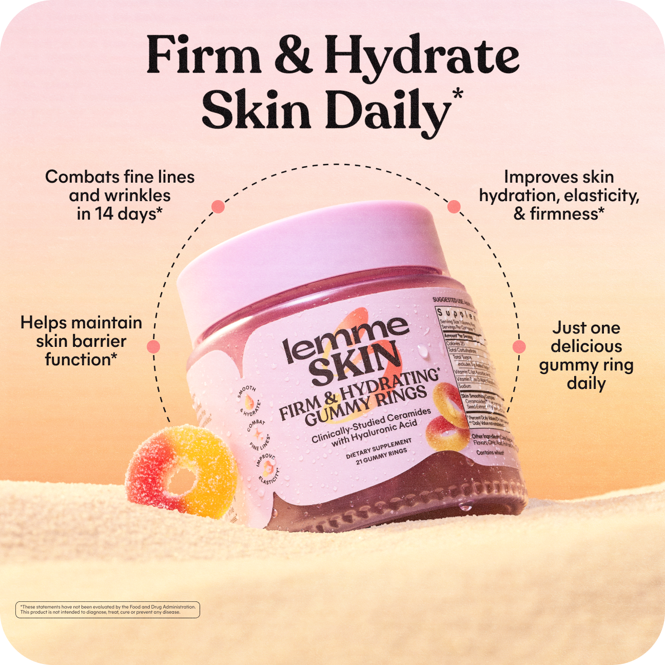 A jar of Lemme Skin Firm & Hydrating Gummy Rings shown on a soft peach background with marketing text around it. The product is a translucent pink-lilac jar with a white label and a pink lid, placed on a sandy surface with a gummy ring beside it.