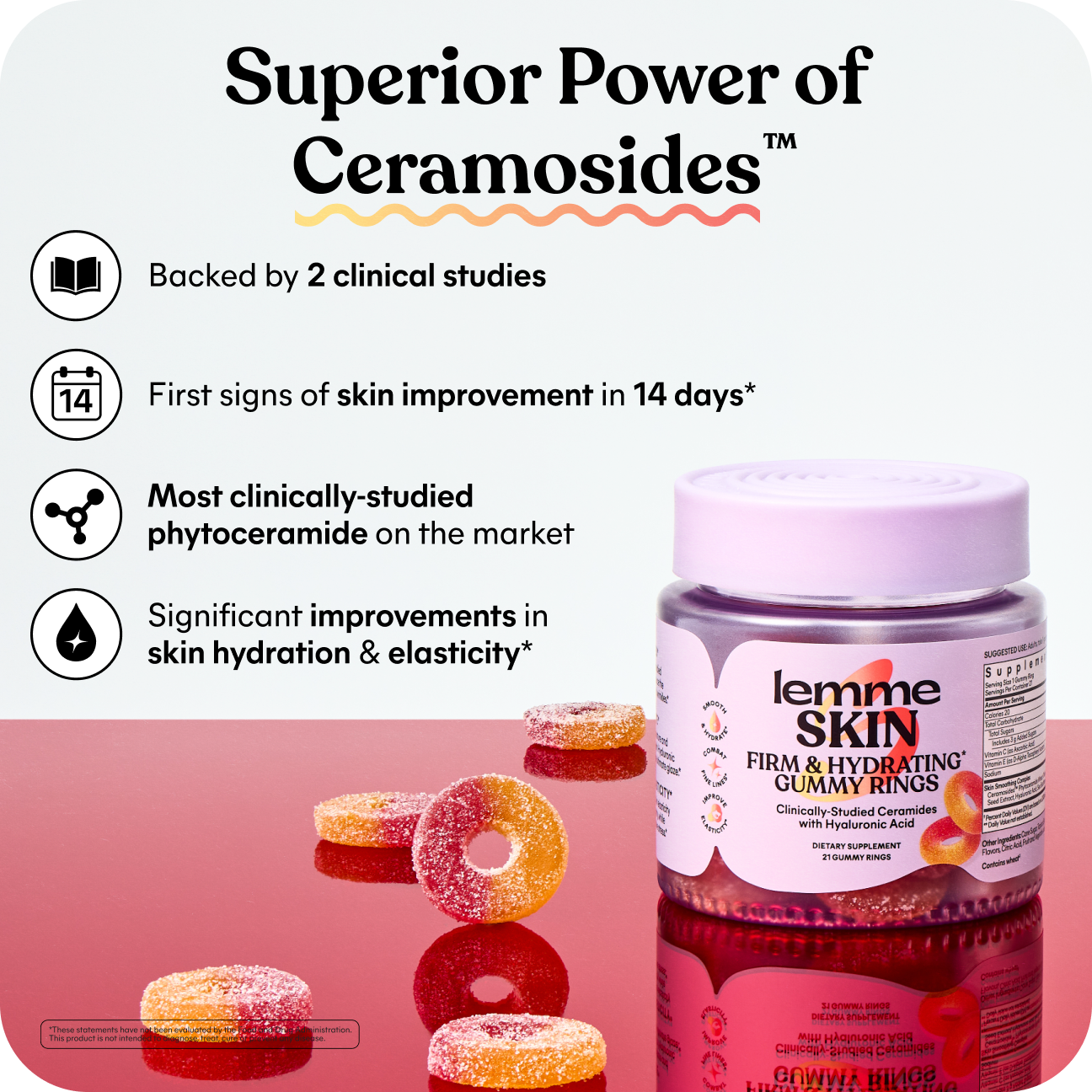 Lemme Skin Firm & Hydrating Gummy Rings supplement bottle with several gummy rings displayed on a pink reflective surface, alongside marketing text about clinical studies and skin improvement.
